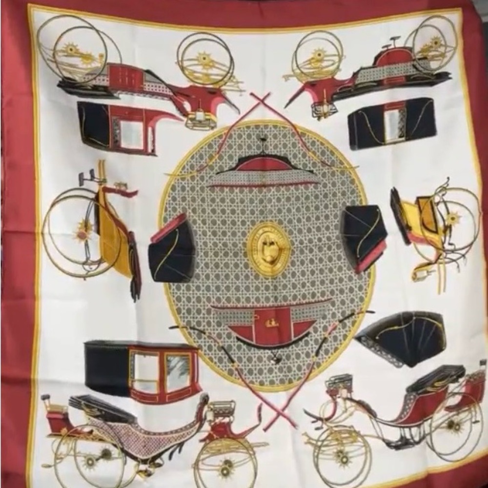 Hermes Elegant Carriage Print Silk Scarf 34 by 34 COA and Box